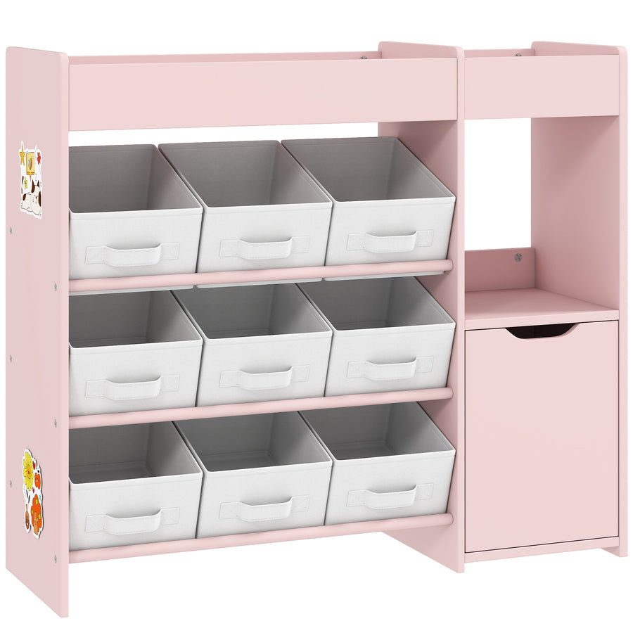 AIYAPLAY Kids Toy Storage, 9 Removable Fabric Bins, Wooden Toy Storage Units for Toys and Books for Bedroom, Nursery, Pink