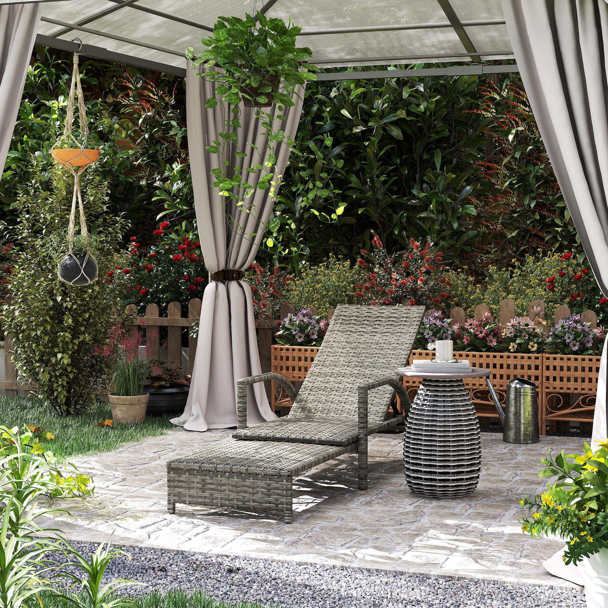 Outsunny Reclining Rattan Lounger, with Extending Footrest - Grey