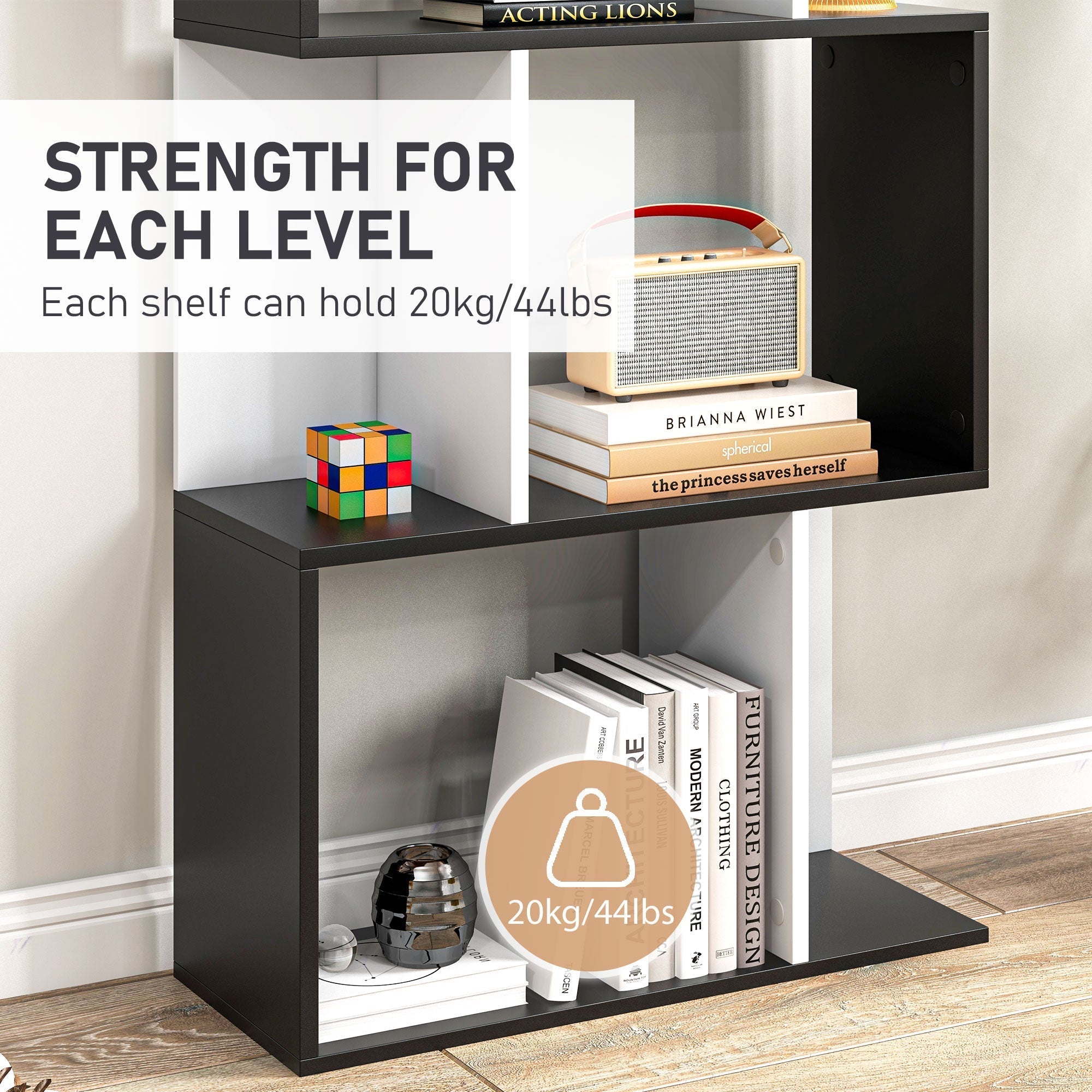 HOMCOM Bookcase, S-Shaped Wooden Bookshelf, 5/6 Tiers Freestanding Storage Shelf, Home Office Decorative Display Stand Rack, Black and White, 24D x 60W x 184.5H