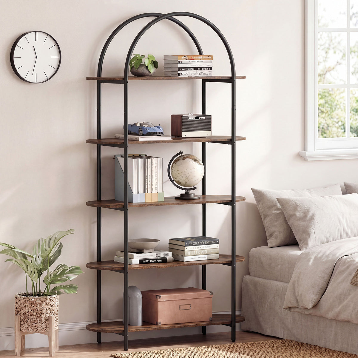 Arched Bookshelf 4-Tier Industrial Open Bookcase with Sturdy Metal Frame-Brown