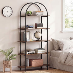 Arched Bookshelf 4-Tier Industrial Open Bookcase with Sturdy Metal Frame-Brown