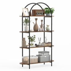 Arched Bookshelf 4-Tier Industrial Open Bookcase with Sturdy Metal Frame-Brown