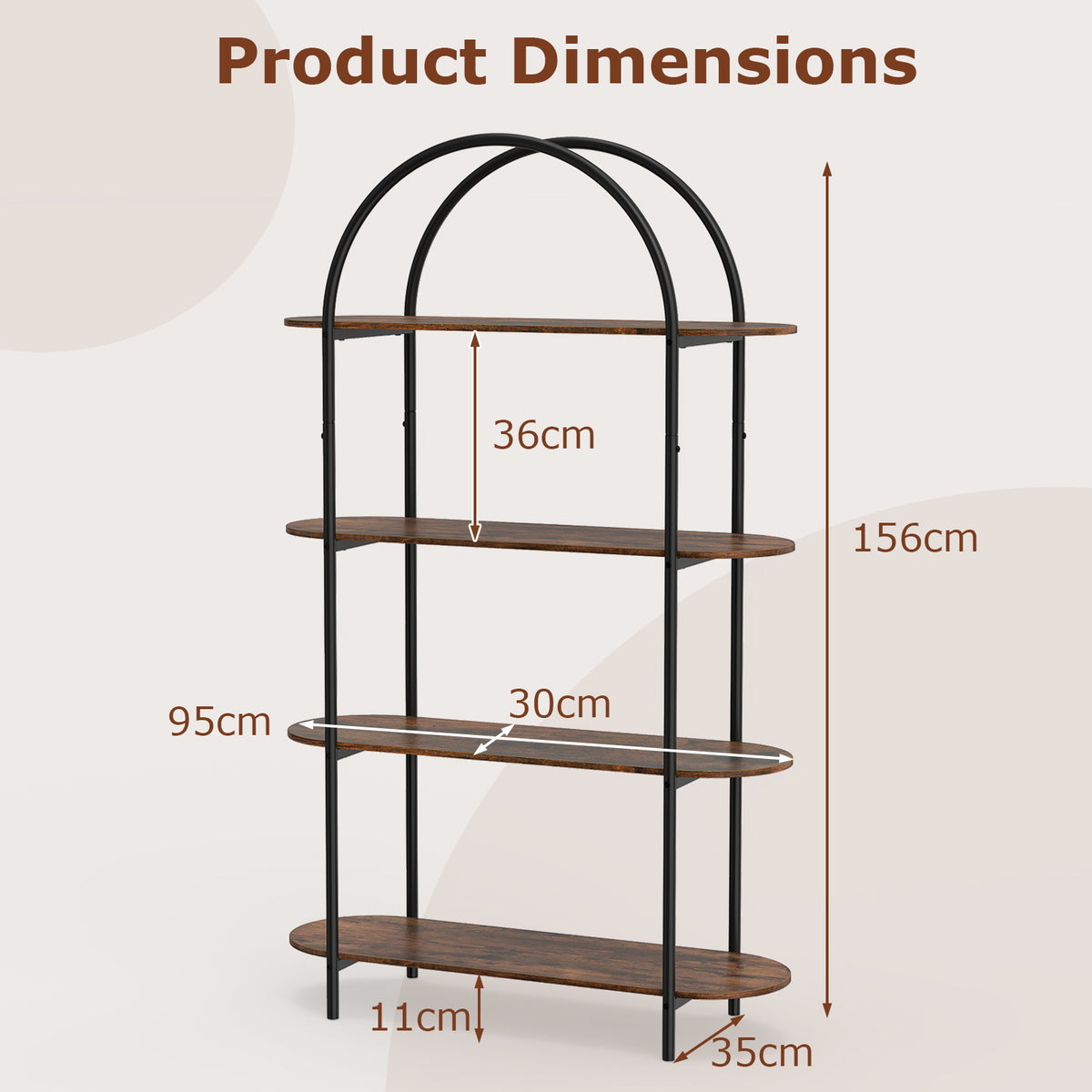 Arched Bookshelf 4-Tier Industrial Open Bookcase with Sturdy Metal Frame-Brown