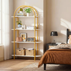Arched Bookshelf 4-Tier Industrial Open Bookcase with Sturdy Metal Frame-White and Golden