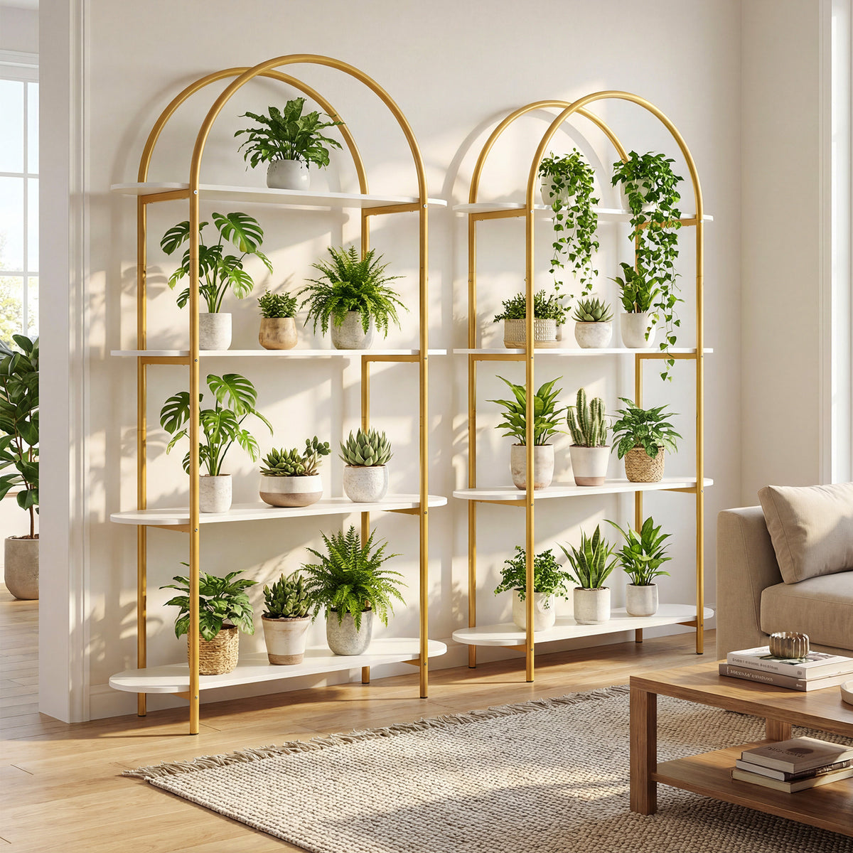 Arched Bookshelf 4-Tier Industrial Open Bookcase with Sturdy Metal Frame-White and Golden