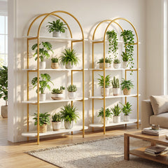 Arched Bookshelf 4-Tier Industrial Open Bookcase with Sturdy Metal Frame-White and Golden
