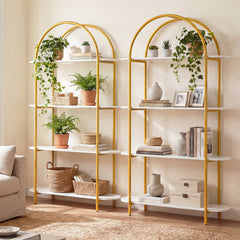 Arched Bookshelf 4-Tier Industrial Open Bookcase with Sturdy Metal Frame-White and Golden