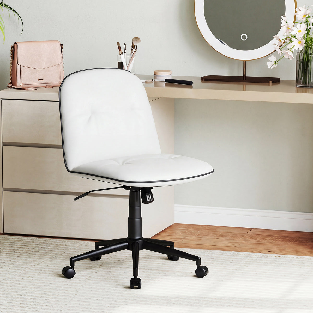 Armless Home Office Desk Chair with Adjustable Height and Smooth Rolling Wheels-White