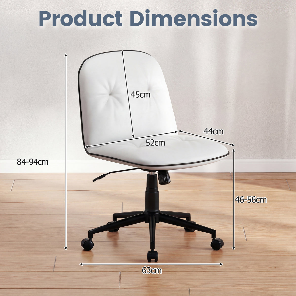 Armless Home Office Desk Chair with Adjustable Height and Smooth Rolling Wheels-White