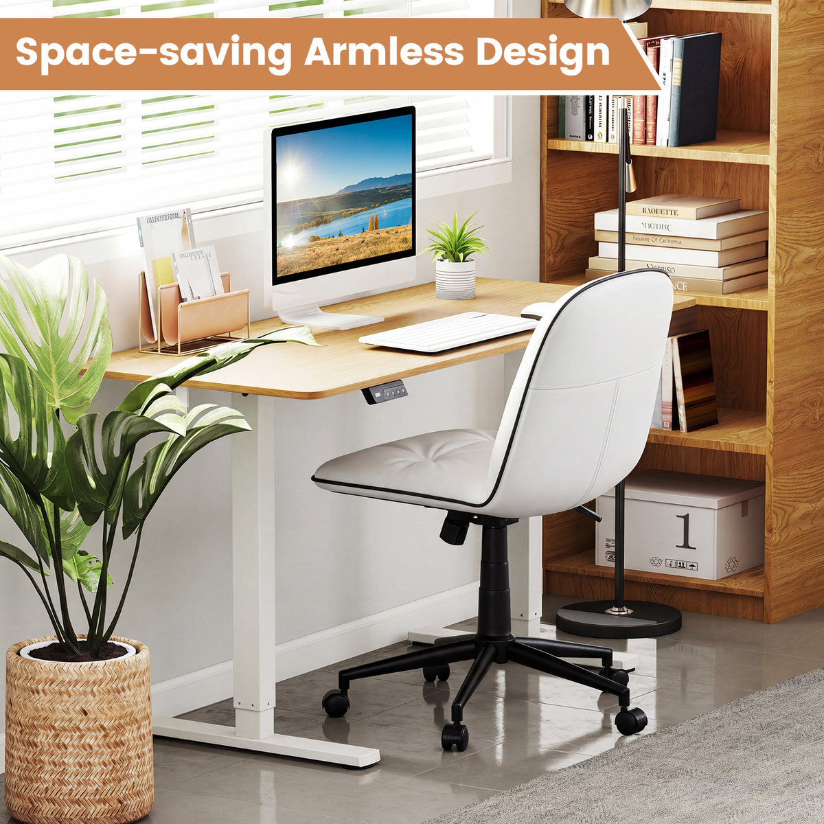 Armless Home Office Desk Chair with Adjustable Height and Smooth Rolling Wheels-White