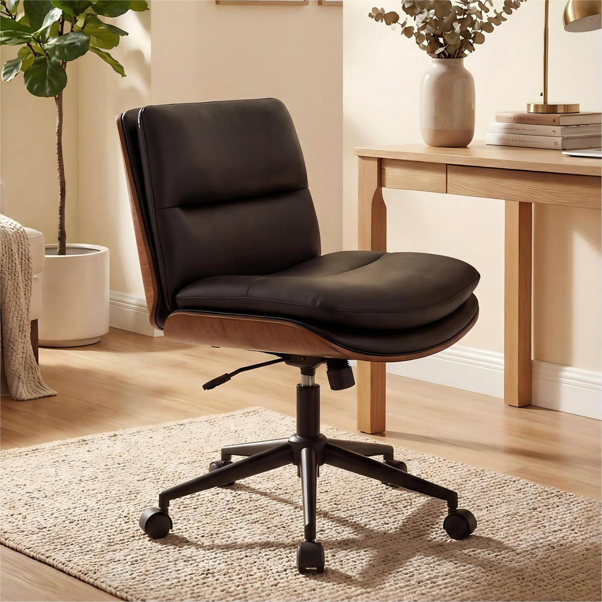 Armless Office Chair with Swivel Wheels & Curved Backrest for Home Office-Black