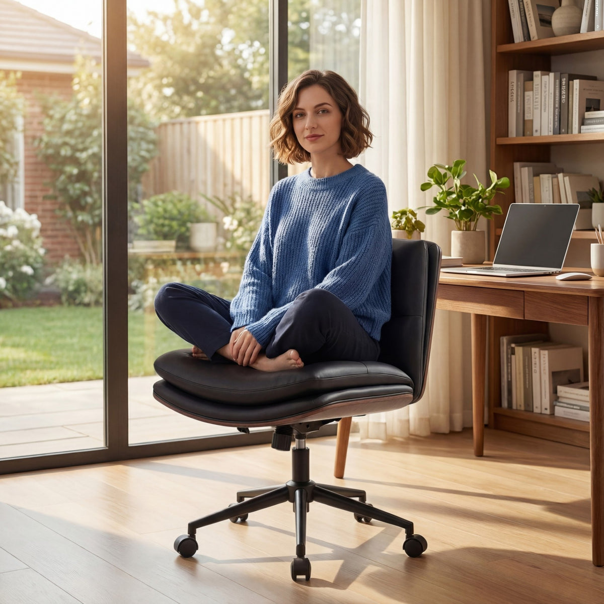 Armless Office Chair with Swivel Wheels & Curved Backrest for Home Office-Black