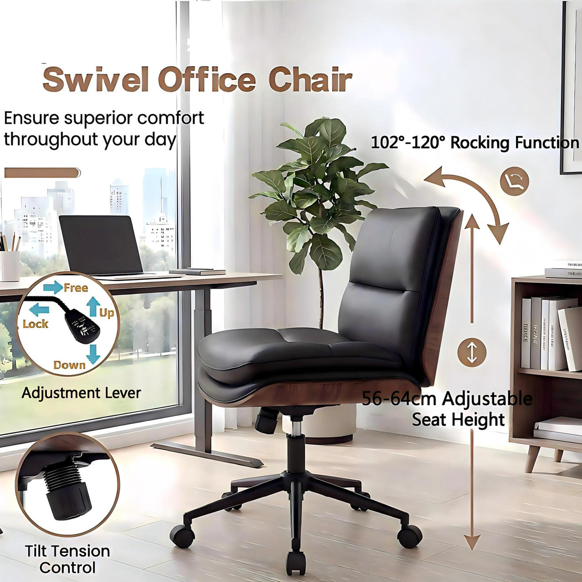 Armless Office Chair with Swivel Wheels & Curved Backrest for Home Office-Black