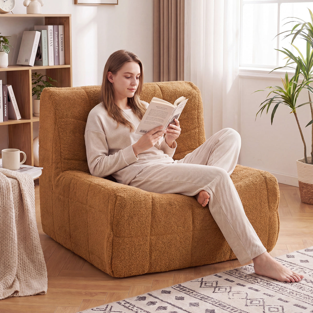 Armless Upholstered Lazy Floor Sofa with Soft Teddy Fleece Cover-Rustic Brown