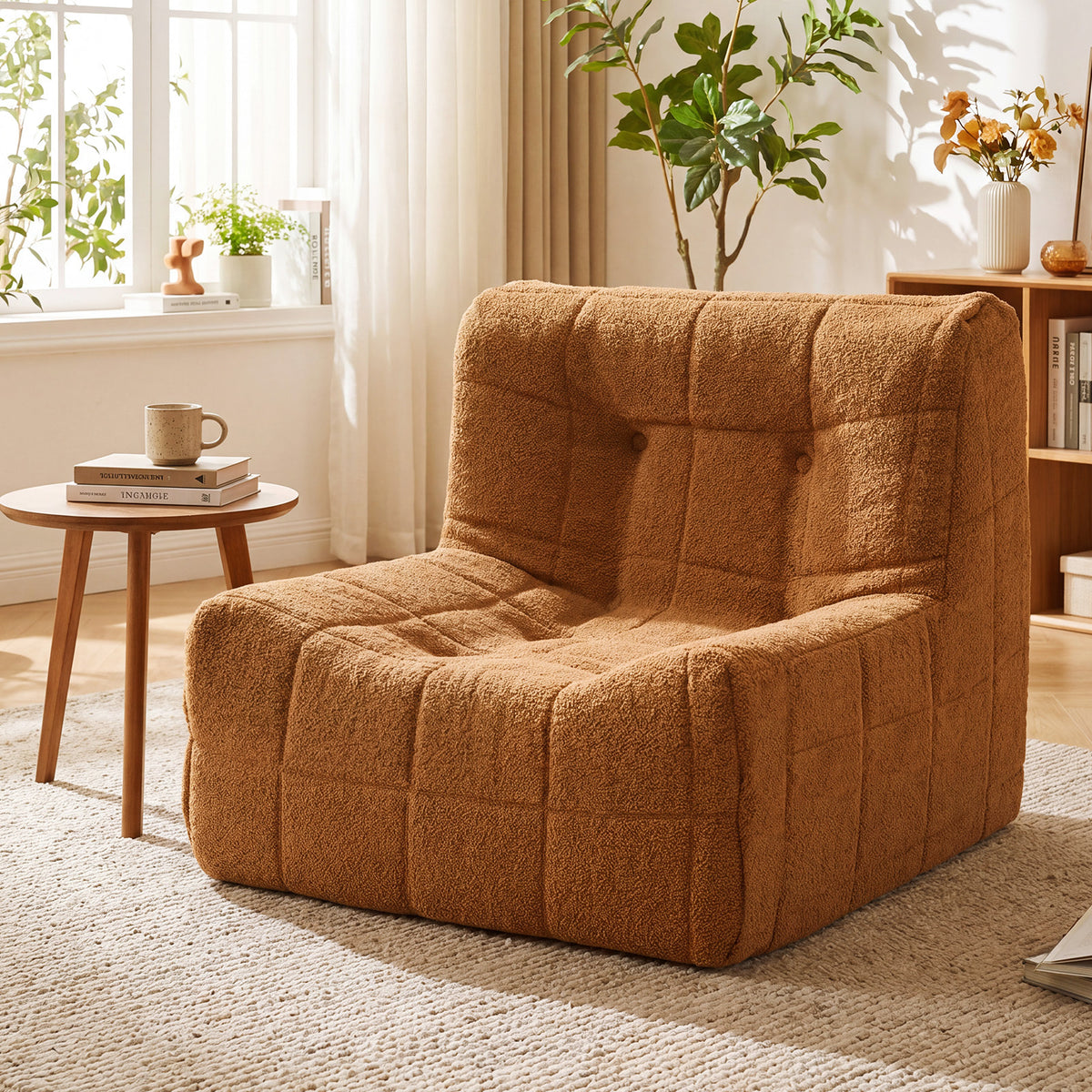 Armless Upholstered Lazy Floor Sofa with Soft Teddy Fleece Cover-Rustic Brown