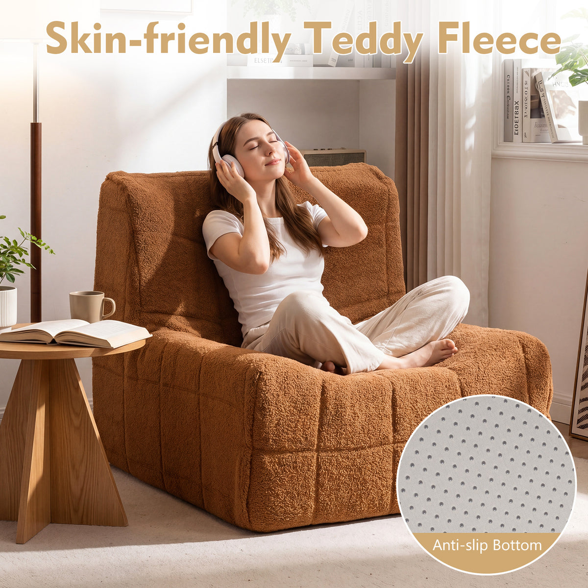 Armless Upholstered Lazy Floor Sofa with Soft Teddy Fleece Cover-Rustic Brown