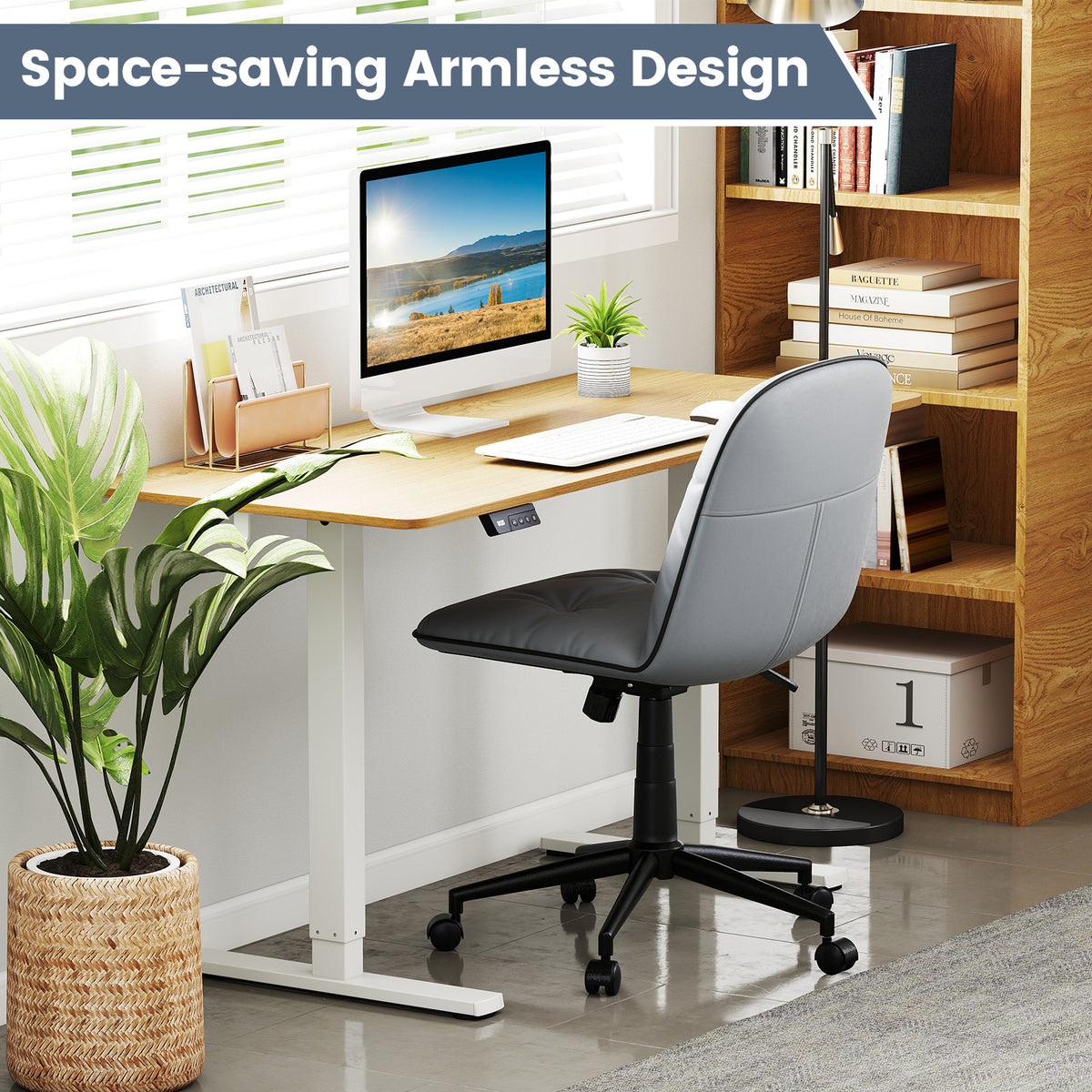 Armless Home Office Desk Chair with Adjustable Height and Smooth Rolling Wheels-Grey