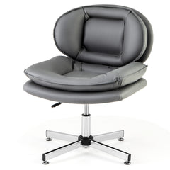The grey office chair has a double padded back and seat on a criss cross metal base
