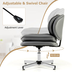 Adjustable and swivel office chair with lever and height range shown