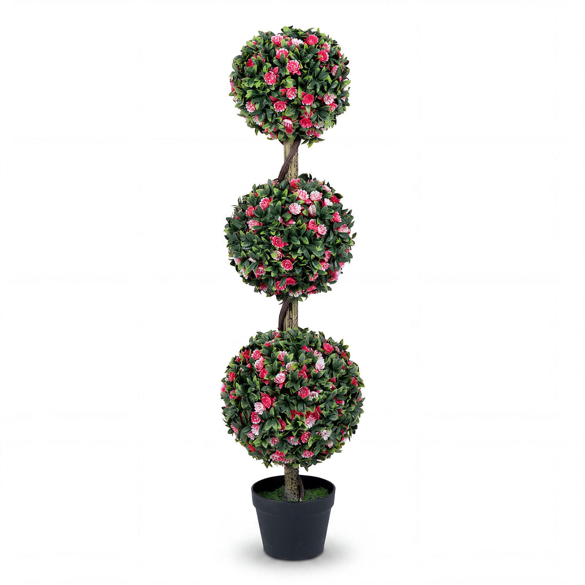 Artificial Triple Ball Rose Topiary Tree 110cm Faux Potted Floral Plant