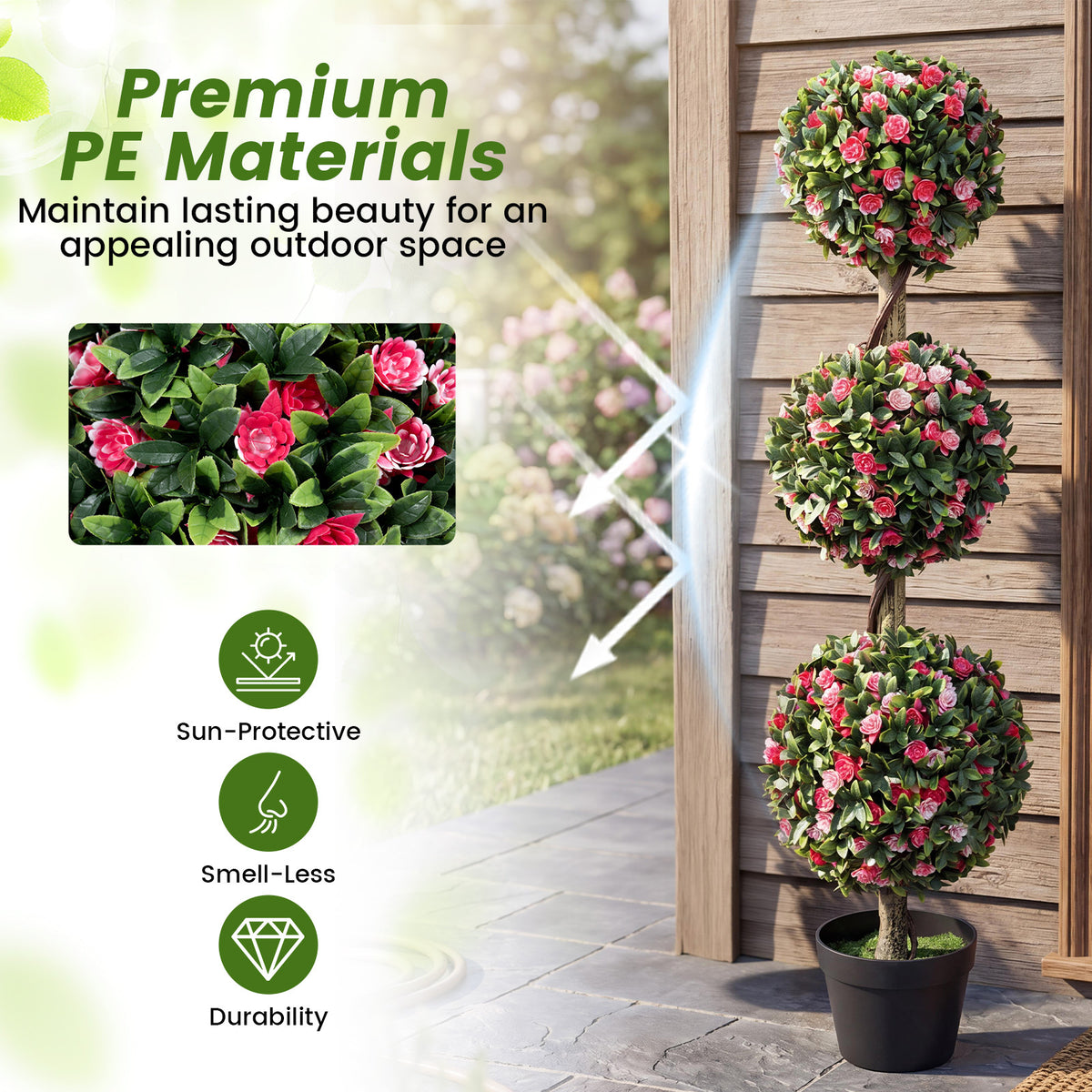 Artificial Triple Ball Rose Topiary Tree 110cm Faux Potted Floral Plant