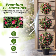Artificial Triple Ball Rose Topiary Tree 110cm Faux Potted Floral Plant