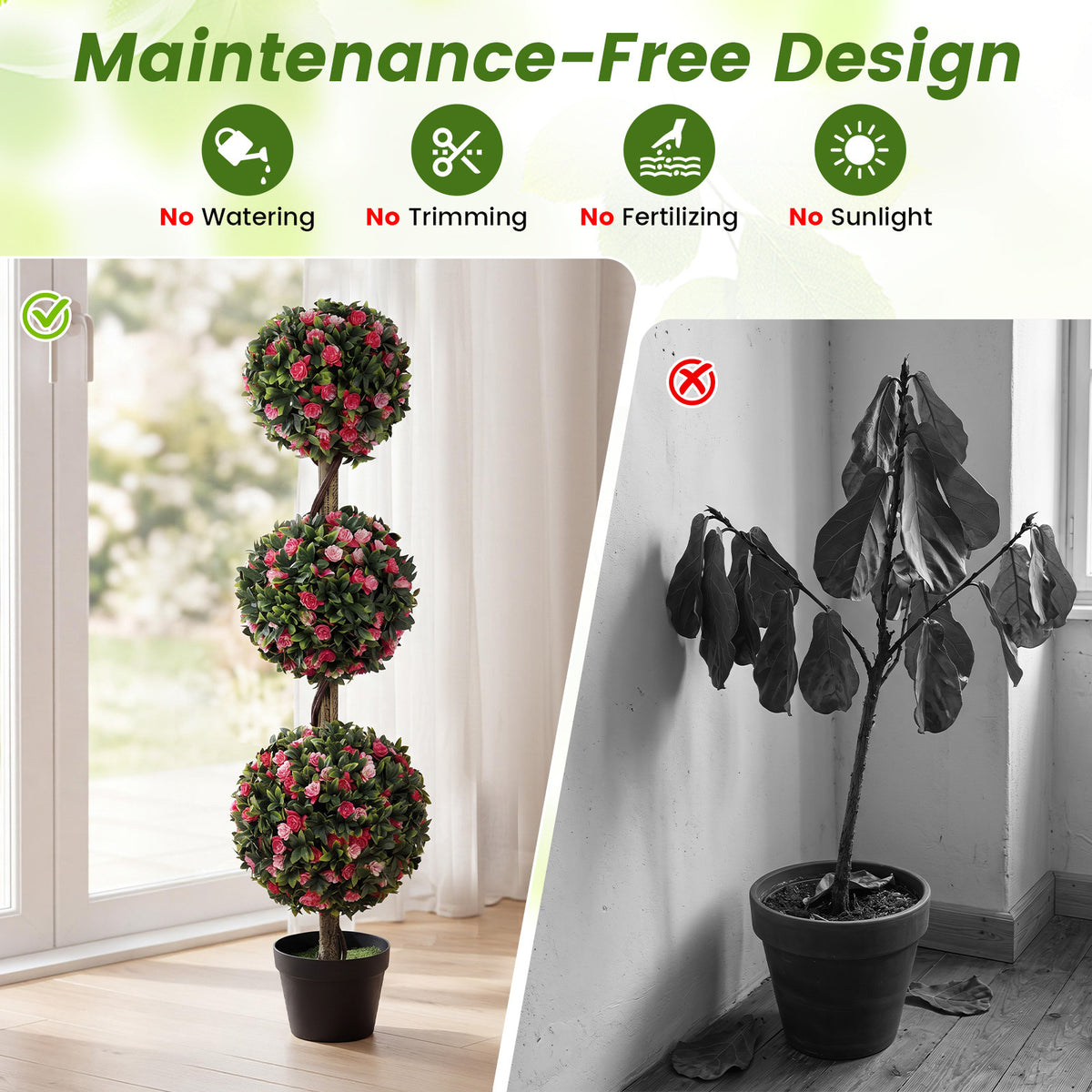 Artificial Triple Ball Rose Topiary Tree 110cm Faux Potted Floral Plant