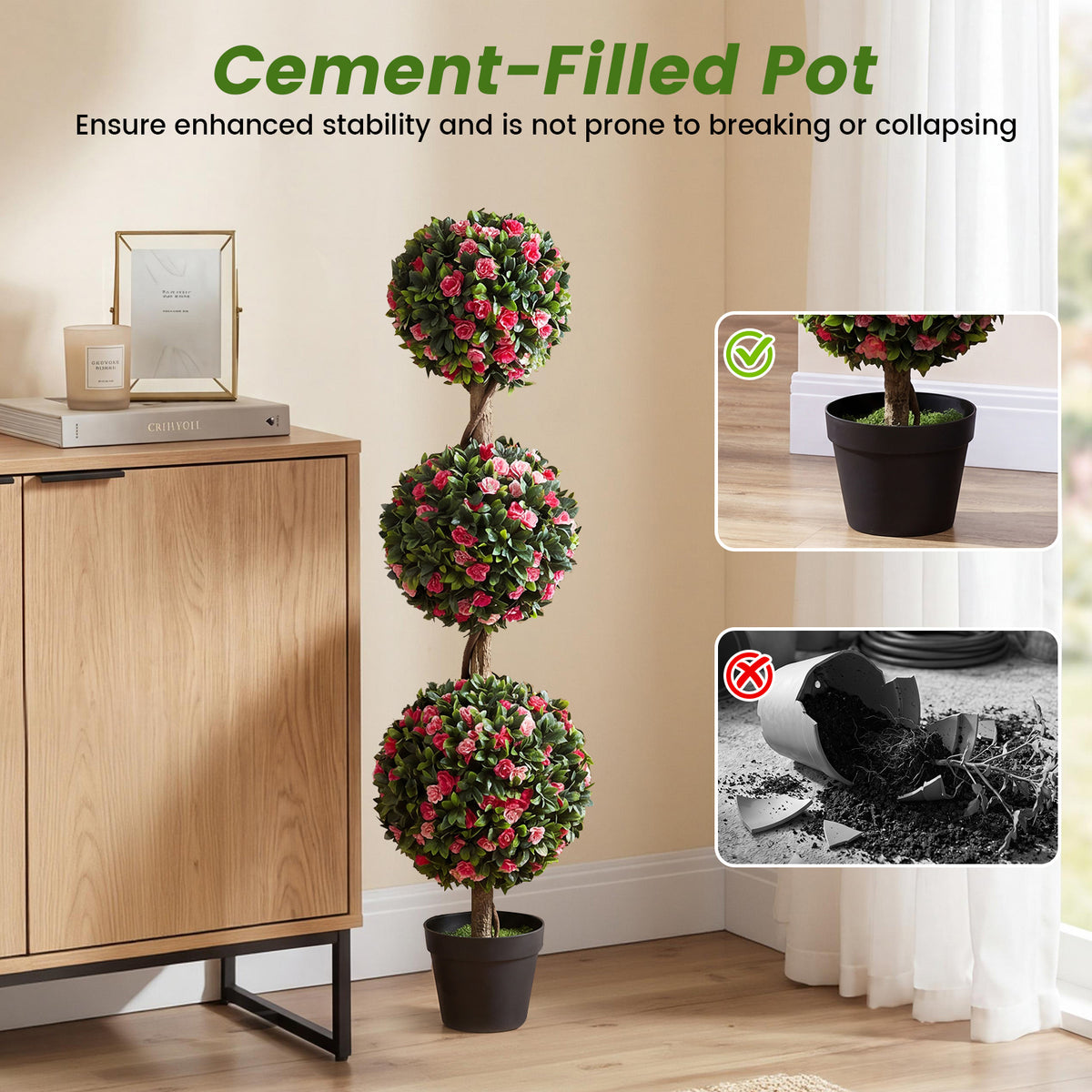 Artificial Triple Ball Rose Topiary Tree 110cm Faux Potted Floral Plant