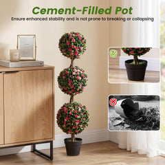 Artificial Triple Ball Rose Topiary Tree 110cm Faux Potted Floral Plant