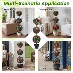 Artificial Triple Ball Rose Topiary Tree 110cm Faux Potted Floral Plant