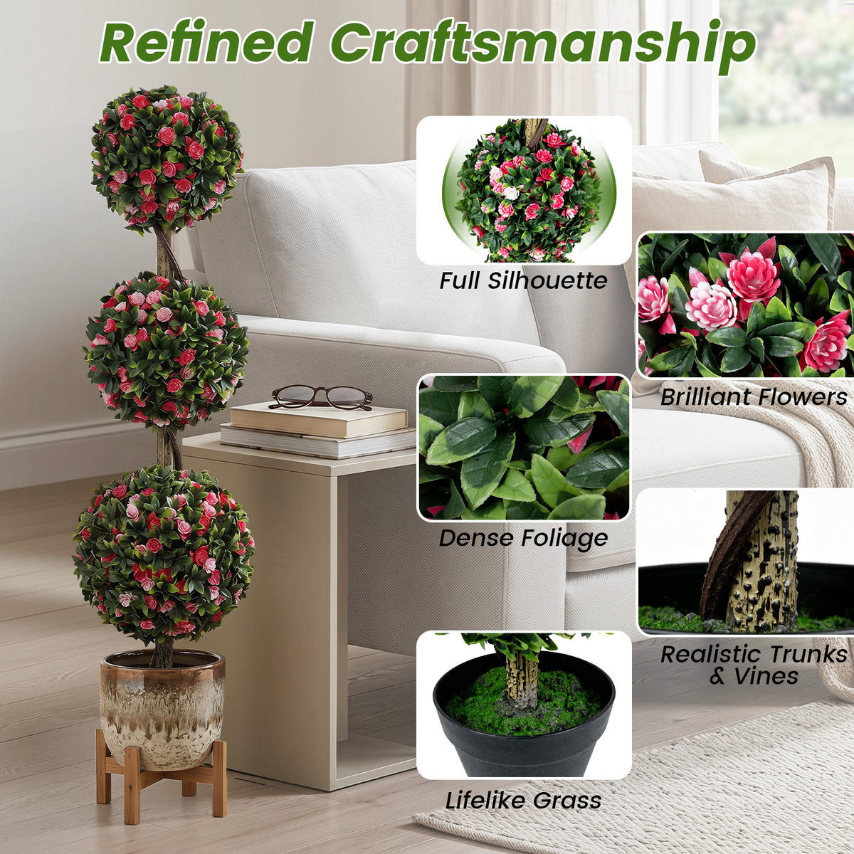 Artificial Triple Ball Rose Topiary Tree 110cm Faux Potted Floral Plant
