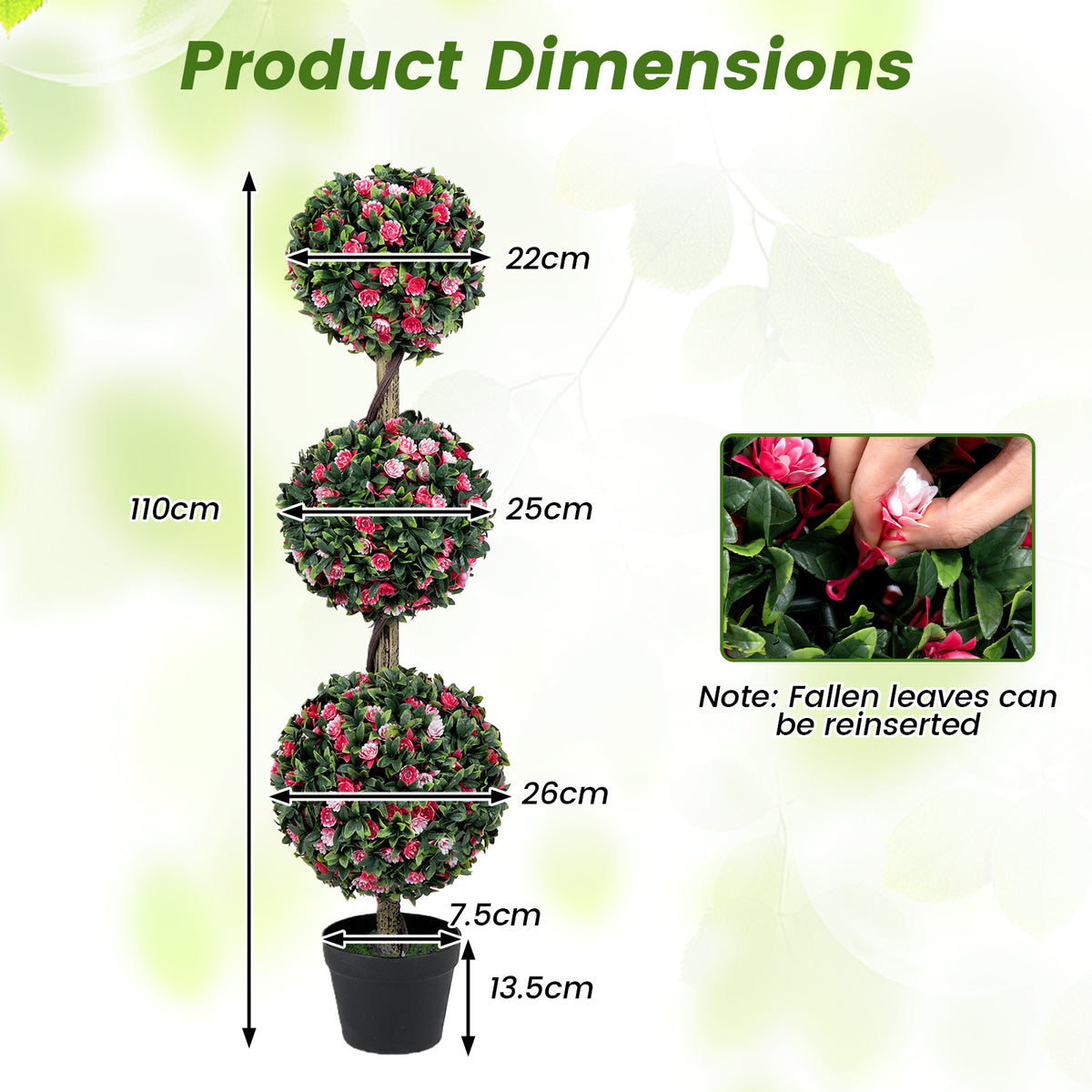 Artificial Triple Ball Rose Topiary Tree 110cm Faux Potted Floral Plant