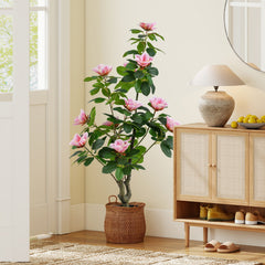 Artificial Magnolia Tree Faux Flower Plant in Nursery Pot-Pink