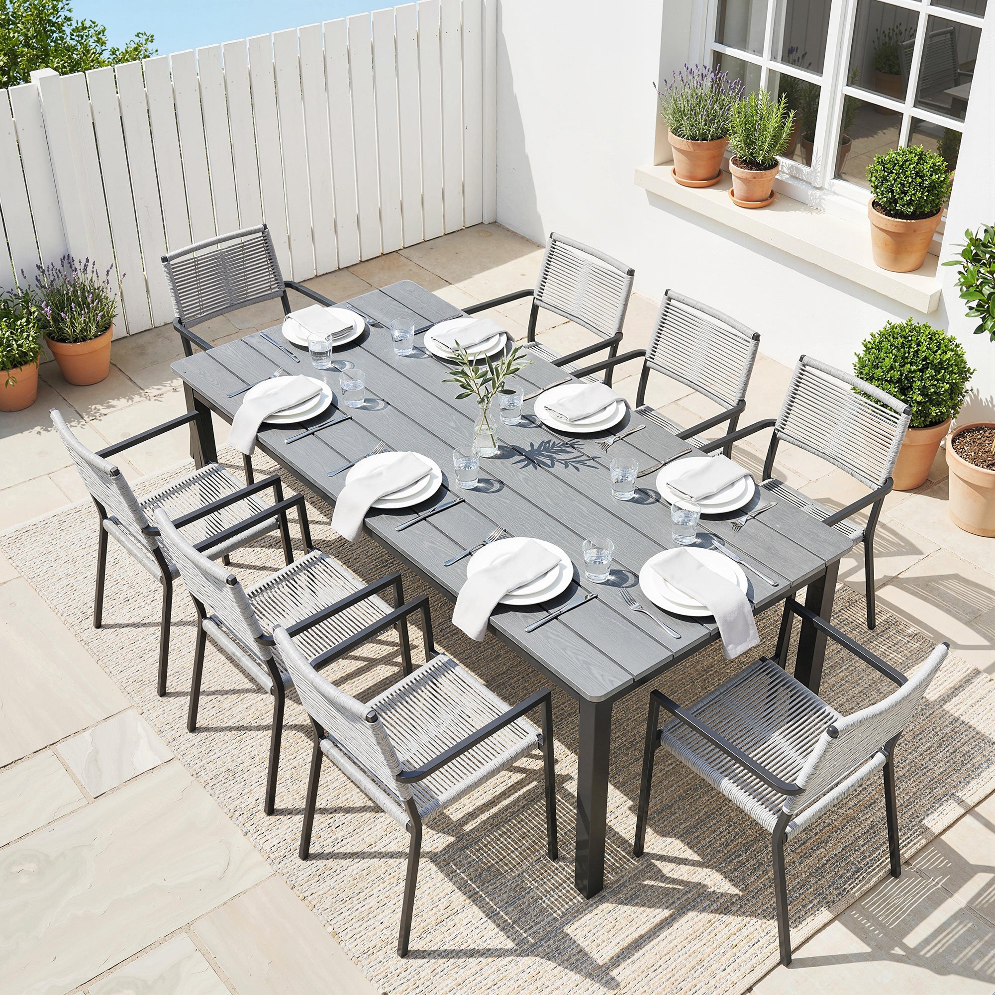 Outsunny Garden Dining Table for 6-8 Person, 180 x 86 cm Rectangular Outdoor Dining Table with Wood Slatted Top, Grey