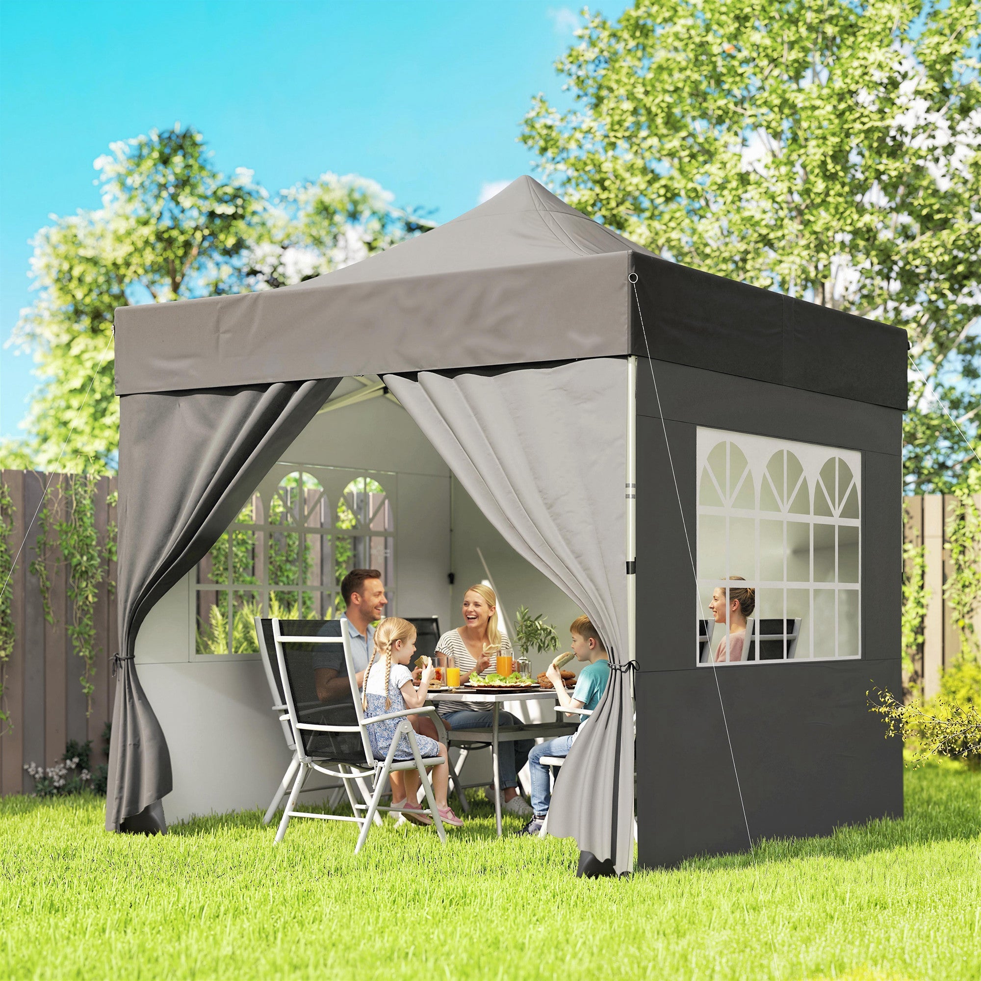 Outsunny 3 x 3 m Pop Up Gazebo with Sidewalls, UPF50+ Heavy Duty Garden Party Tent Marquee with Wheeled Carry Bag, Dark Grey