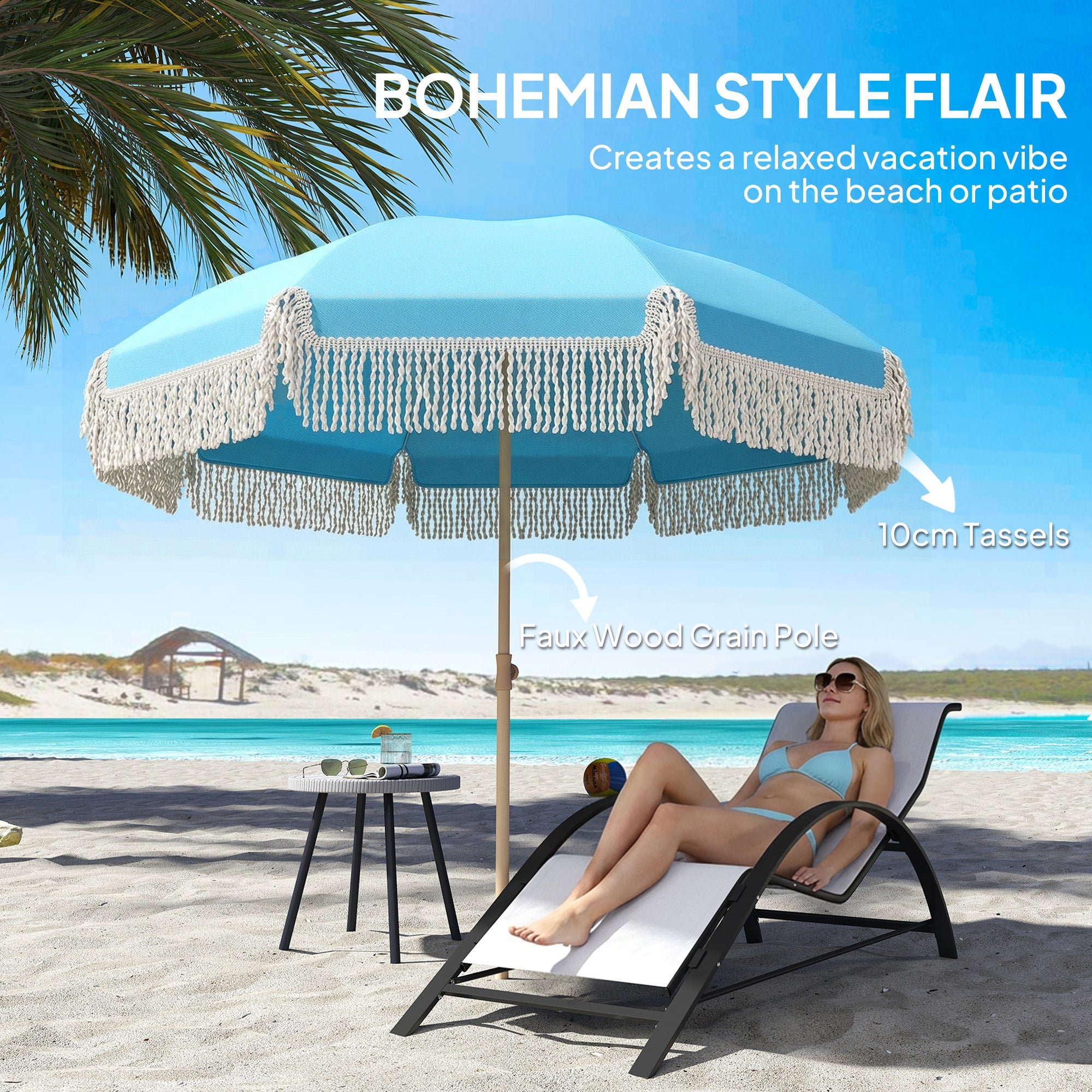 Outsunny 1.7 m Beach Umbrella with Sand Anchor, 30Â° Tilting Fringed Beach Garden Parasol with Adjustable Height, Grey