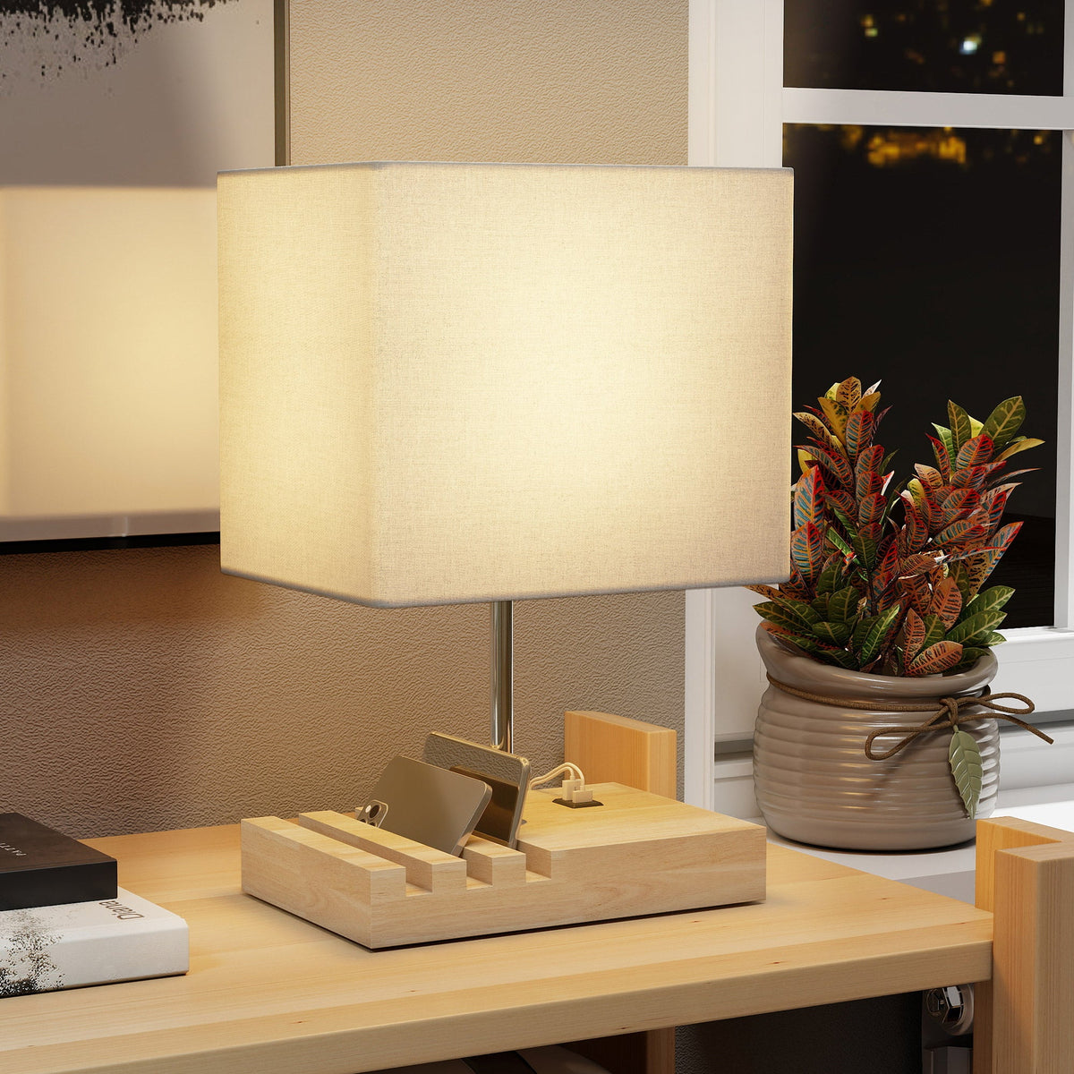 HOMCOM Bedside Lamp with USB A+C Charging Ports and 3 Phone Stands, Modern Table Lamp with Solid Wood Base and Fabric Shade for Bedroom Living Room Office, E27 Socket, Bulb Not Included, White
