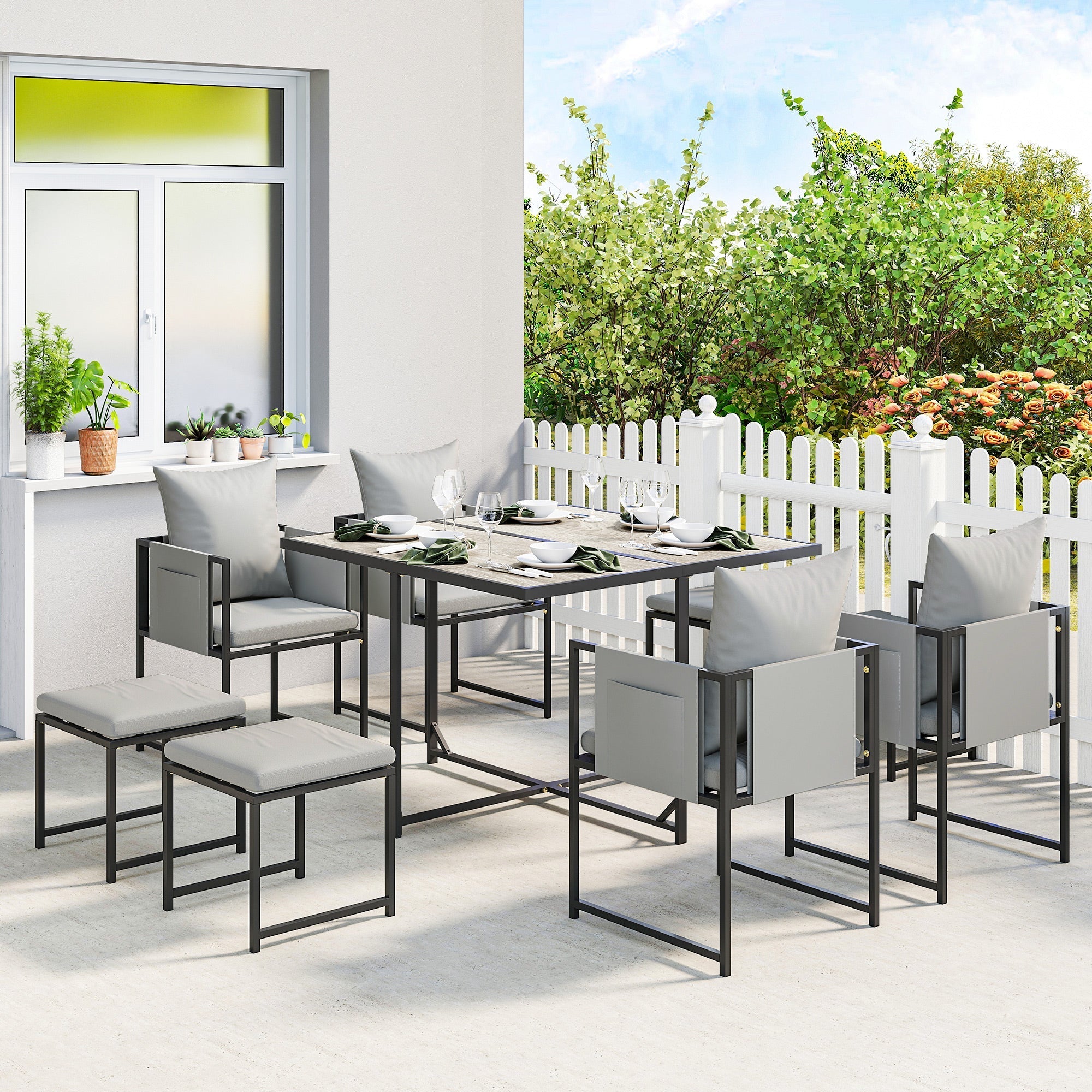 Outsunny Nine-Piece Steel Frame Garden Dining Set - Dark Grey