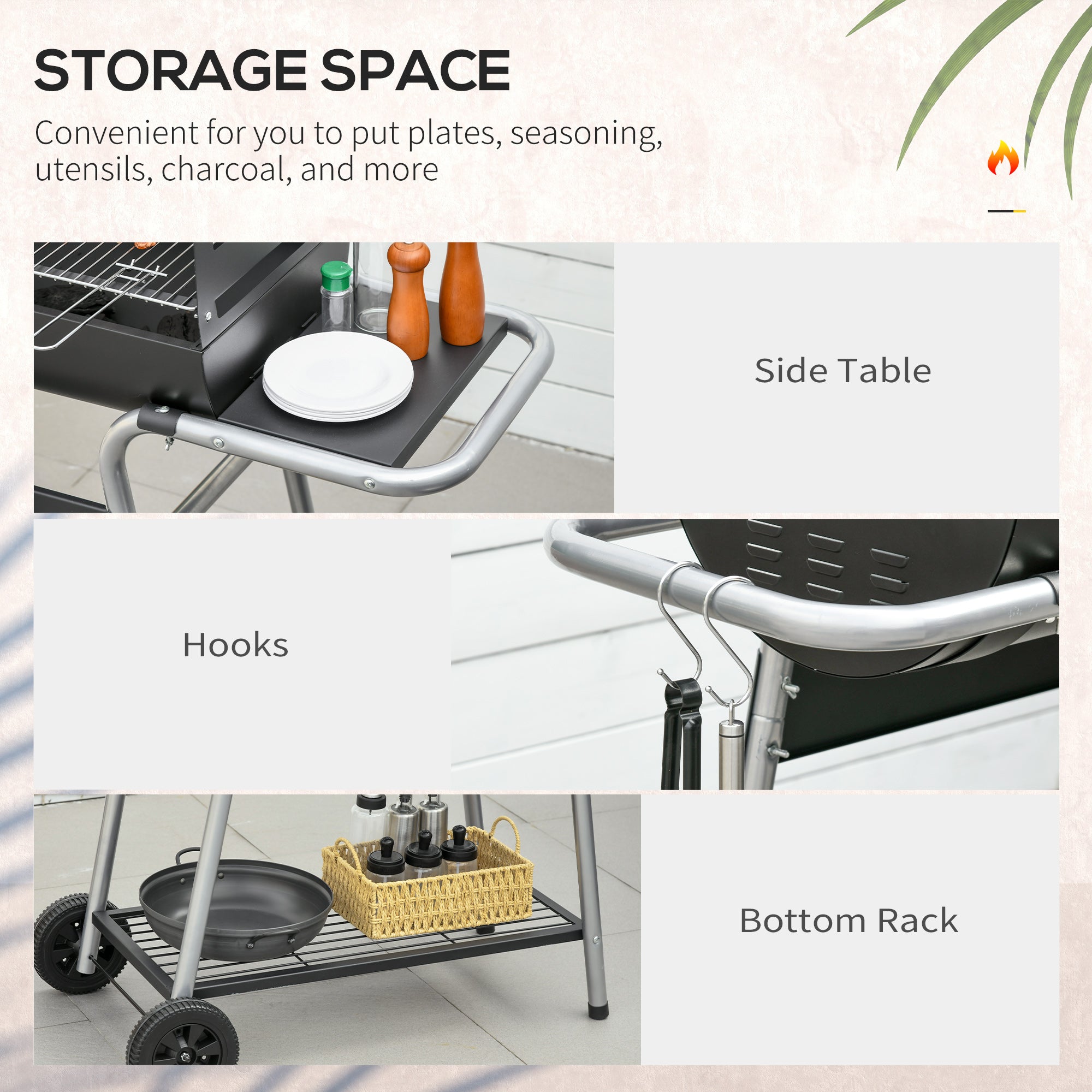 Outsunny Charcoal Barbecue Grill BBQ Trolley with Double Grill, Adjustable Grill Height, Side Table, Storage Shelf, and Wheels for Outdoor Cooking, 130 x 51 x 111cm, Black