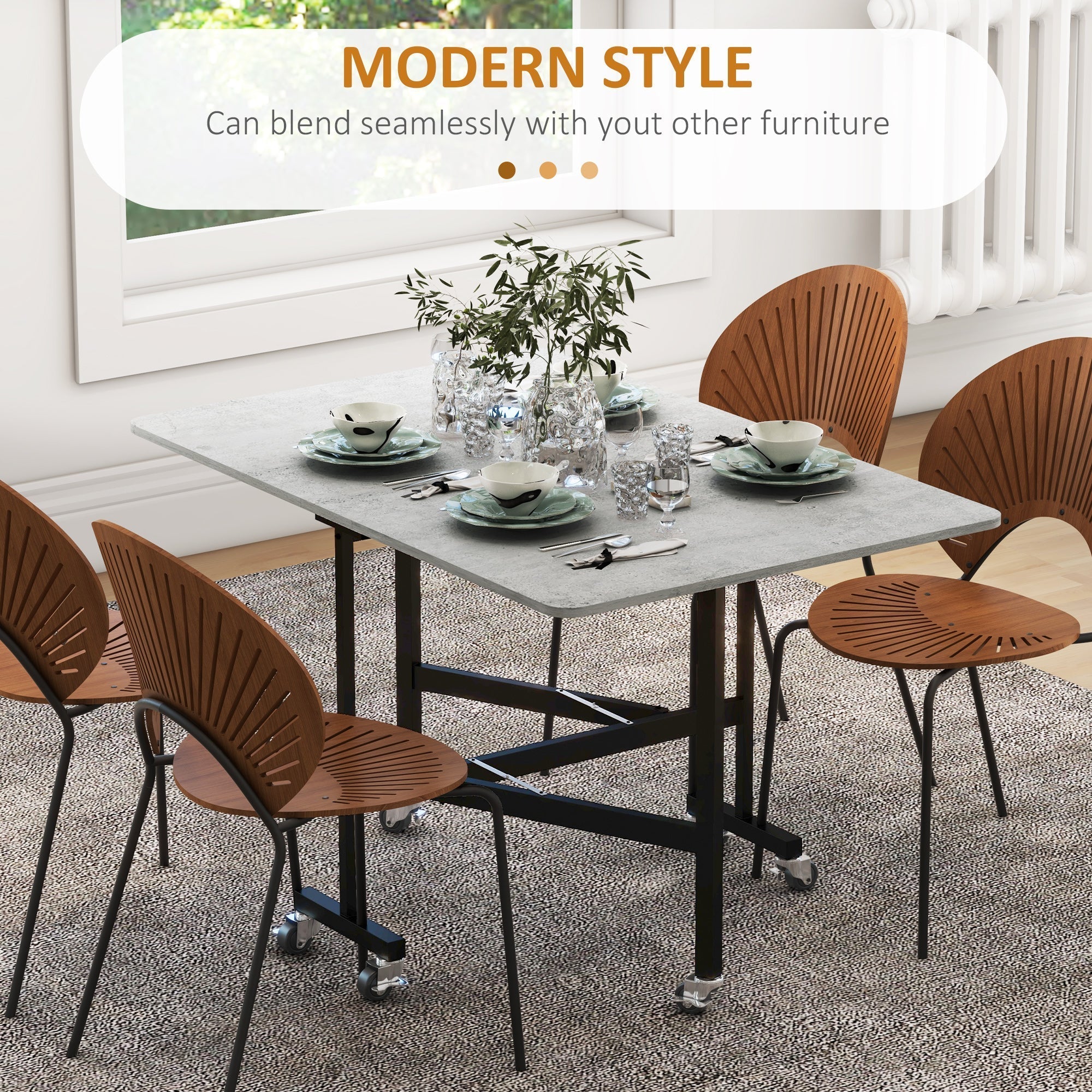 HOMCOM Mobile Drop Leaf Table, Folding Dining Table with 6 Wheels & Brakes, Kitchen Table for Small Spaces, Grey Marble Effect