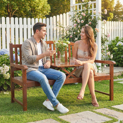 Outsunny Garden Loveseat Bench, 2-3 Seater Outdoor Bench with Liftable Table and Waterproof Cover, Light Brown