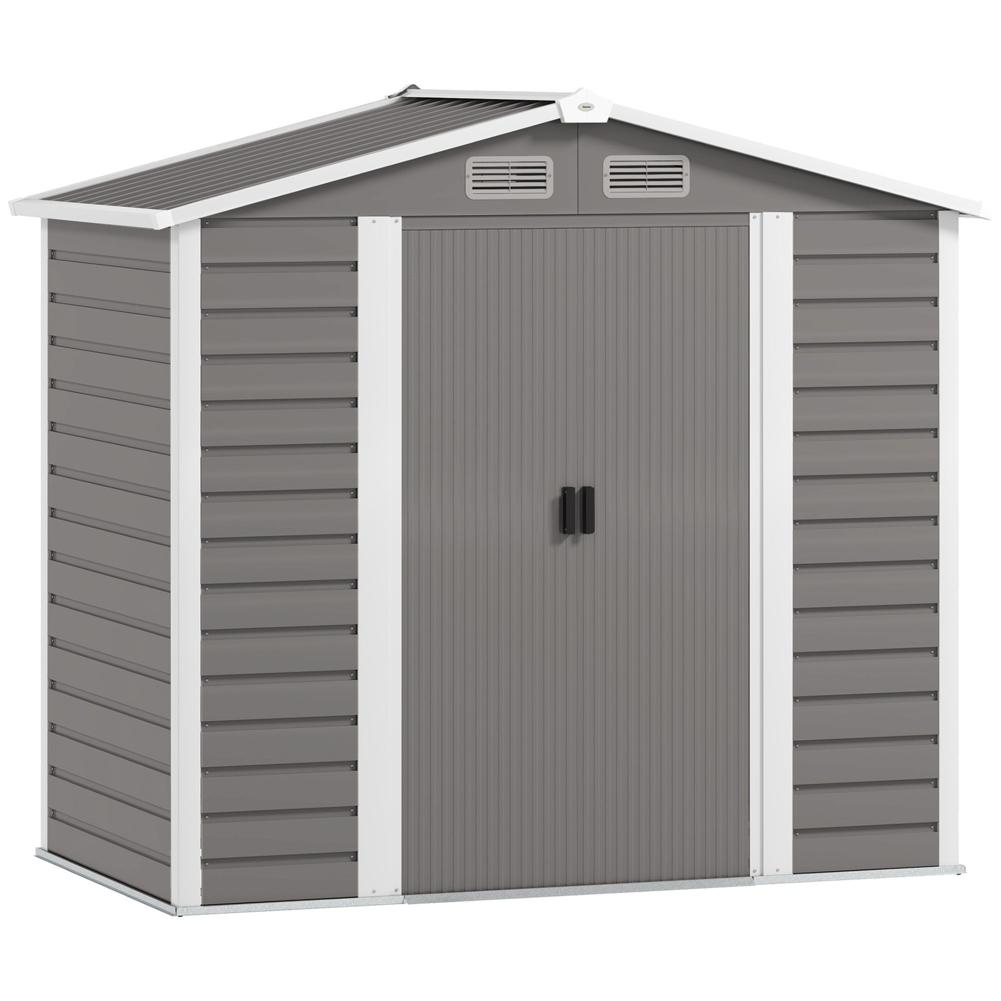 Outsunny 7 x 4ft Garden Shed, Easy to Assemble, Upgraded Galvanised Steel Frame with Foundation Kit, Double Doors with Lock, Outdoor Metal Shed with Vents and Gloves, Garden Storage Shed, Light Grey
