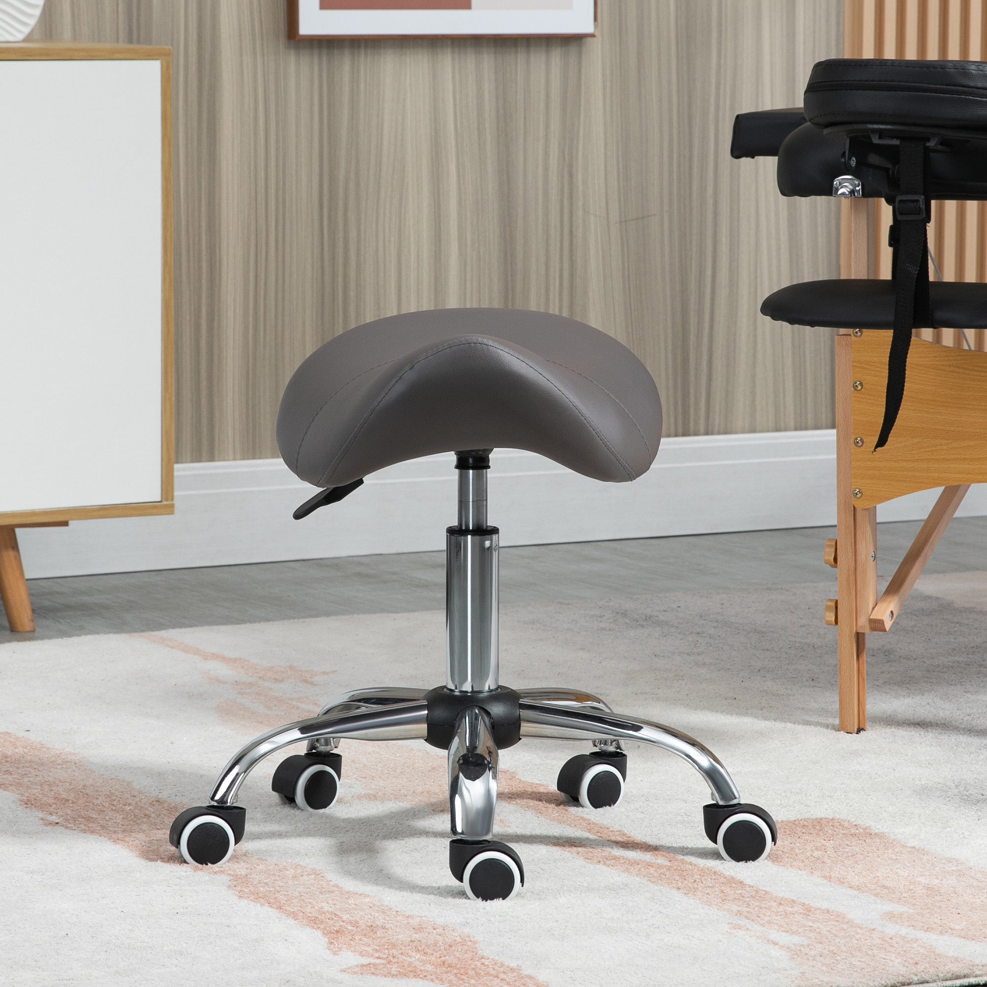 HOMCOM Cosmetic Stool 360√Ç¬∞ Rotate Height Adjustable Salon Massage Spa Chair Hydraulic Rolling Faux Leather Saddle Stool, Grey
