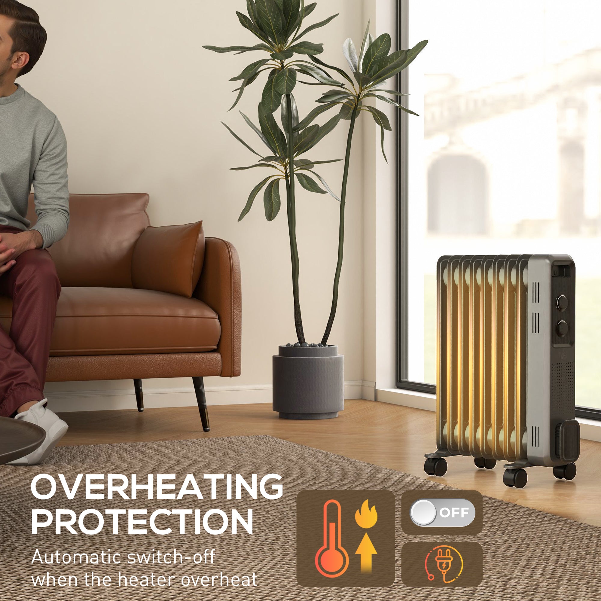 HOMCOM 2000W Oil Filled Radiator, 9 Fin, Portable Electric Heater with 3 Heat Settings, Safety Cut-Off and Wheels, Grey