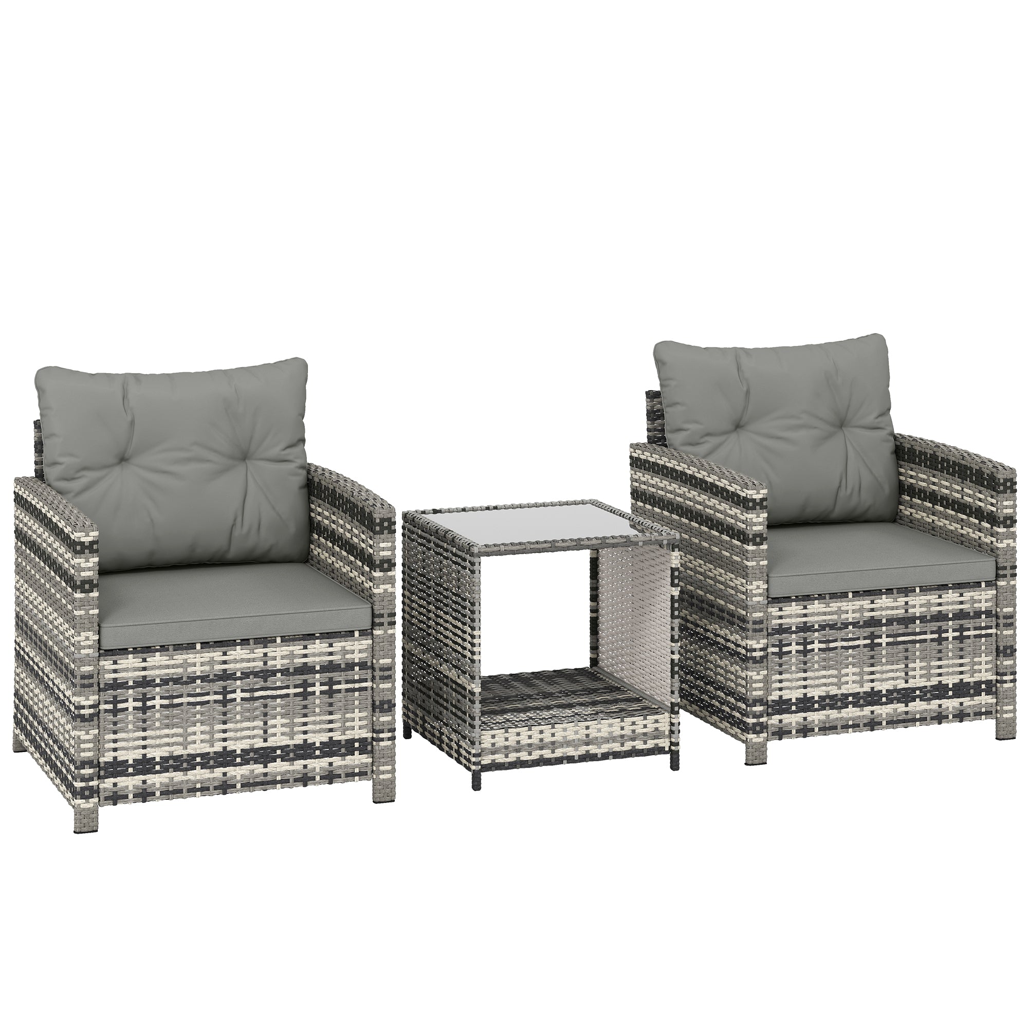 Outsunny Rattan Bistro Set, 3 Piece Garden Furniture Set with 2 Tier Glass Top Table and Cushions, Mixed Grey