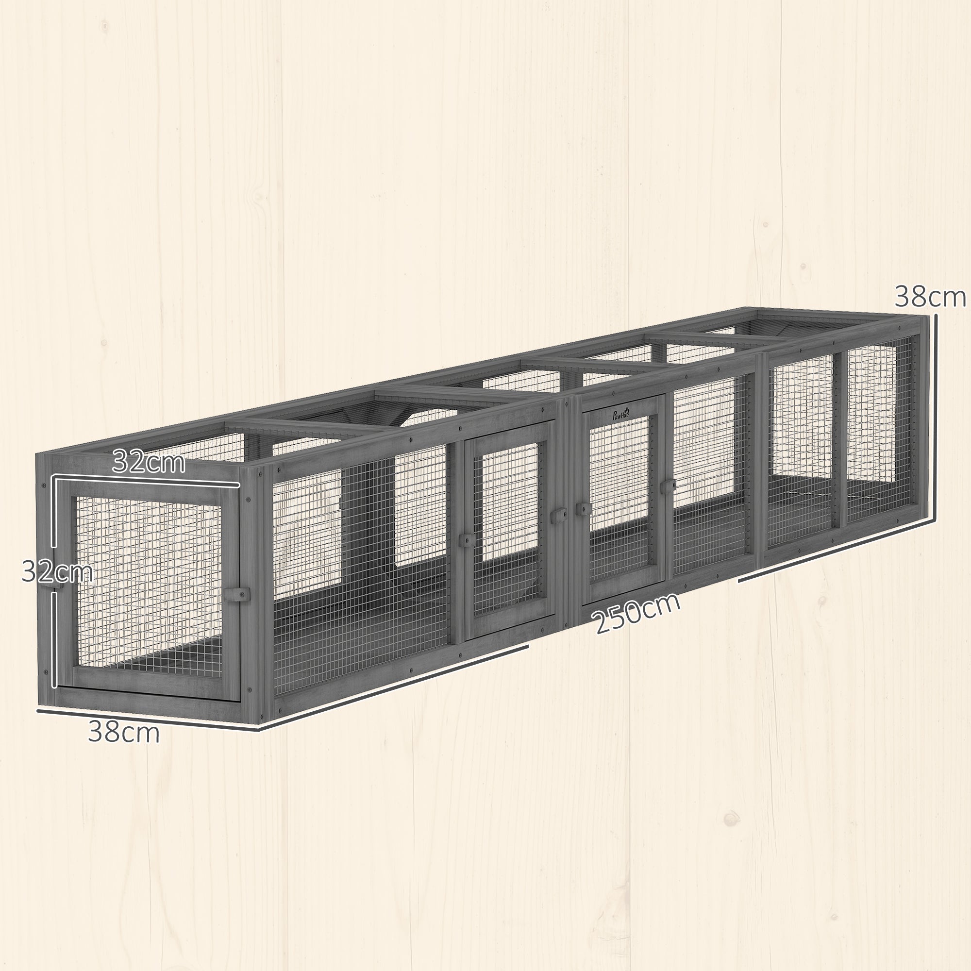 PawHut Cat Tunnel, 250cm Extra Long Wooden Cat Play Tunnel with 8 Doors, L-shape/Rectangle, Outdoor Cat Enclosure, Dark Grey