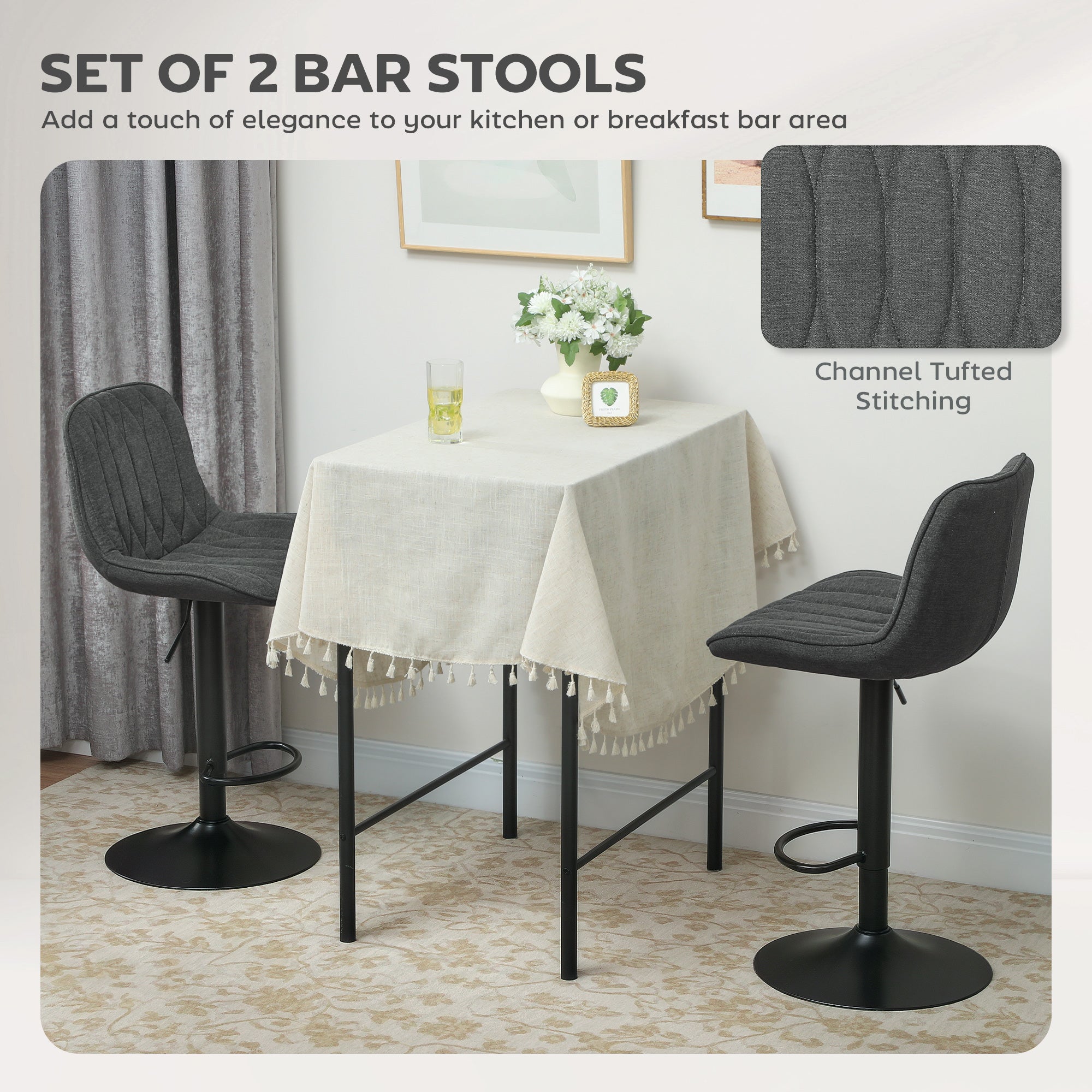 HOMCOM Set of Two Linen-Look Bar Stools - Charcoal Grey