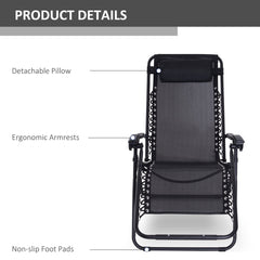 Outsunny Zero Gravity Chair Set of 2, Metal Frame Texteline Armchair Outdoor Folding and Reclining Sun Lounger with Head Pillow for Patio Decking Gardens Camping, Black