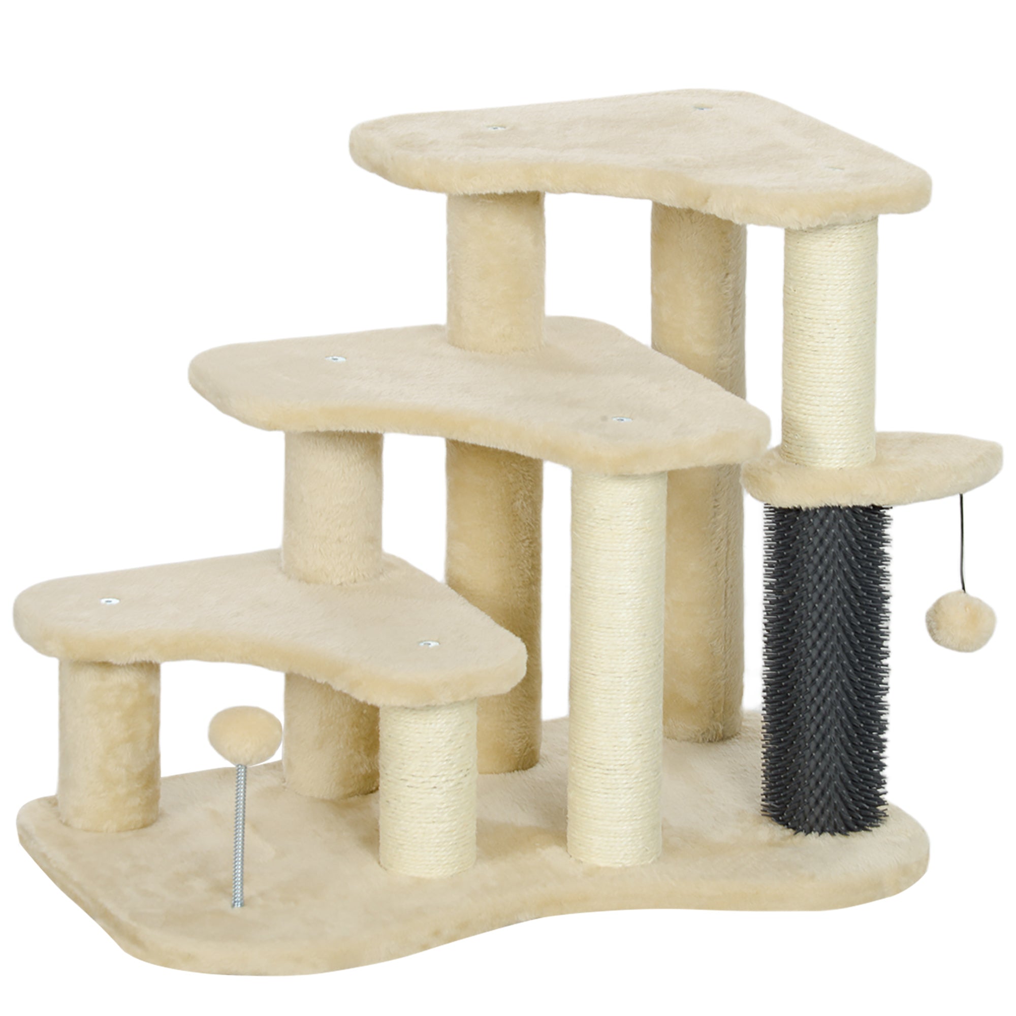 PawHut 2-in-1 Cat Tree, Pet Stairs with Scratching Tickling Post, Toy Balls, for Bed, Sofa, Couch, Beige