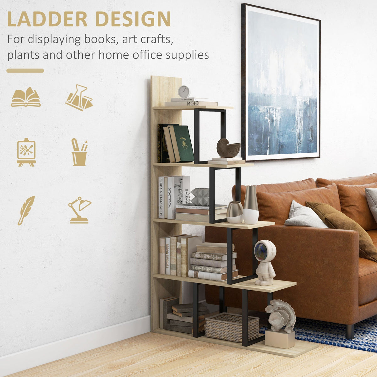 HOMCOM 5-Tier Bookcase, Wooden Ladder Bookshelf Display Stand, Oak
